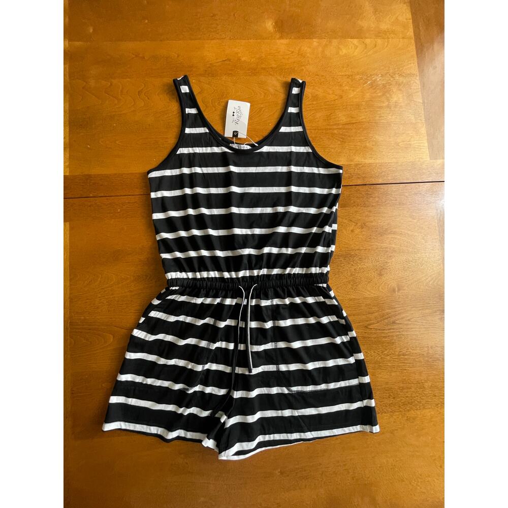 NWT Reoria Sleeveless Romper - Black & White stripes Stretch Knit Tie Waist Sz M